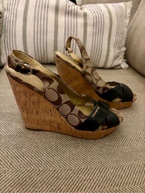 Coach Brown Monogram Signature Canvas Cork Wedge Sandals